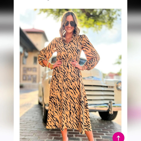 ENTRO Camel Animal Stripe ButtonDown Collared Midi Dress. Size small - Picture 1 of 16